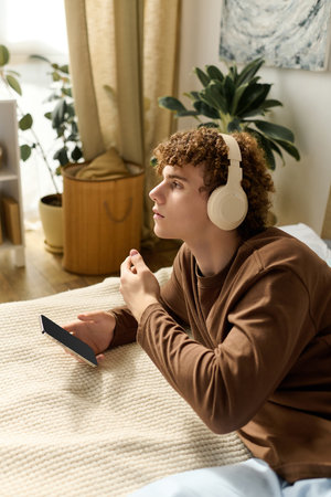 A curly-haired teenager relaxes on his bed, listening to music with headphones.の写真素材