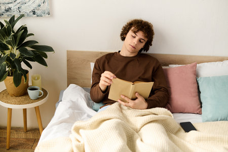 In a modern apartment, a curly-haired teenager relaxes in bed with a book, lost in thought.の写真素材