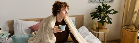 A teenager lounges in his bedroom, sipping from a cup and wrapped in a blanketの写真素材