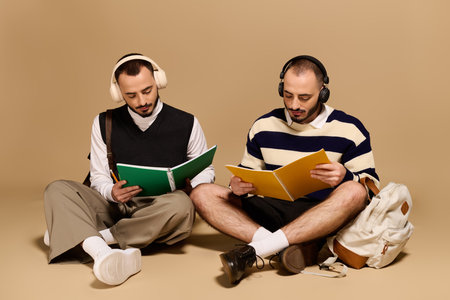 Twins sit cross legged on the floor, immersed in their reading and notes, relaxed and stylish.の写真素材