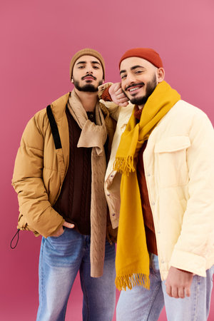 Two twin brothers showcase their fashionable attire with playful expressions.の写真素材