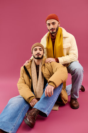Two handsome twin brothers pose confidently in fashionable attire against a pink backdrop.の写真素材