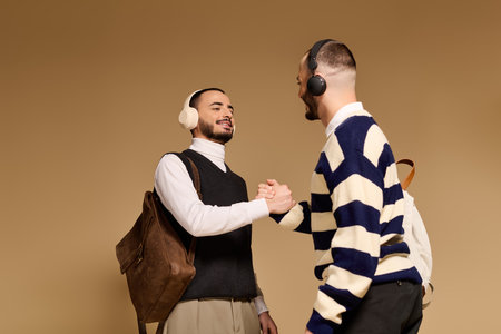 Two stylish twin brothers warmly greet each other, showcasing their unique fashion sense.
