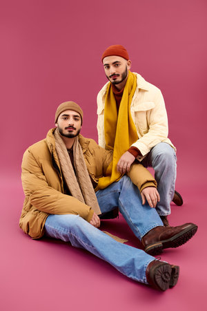 Two brothers pose stylishly in layered, bold outfits against a lively backdrop.の写真素材