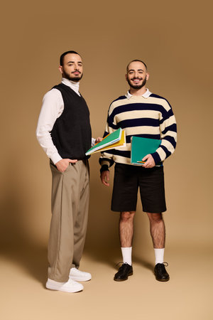 Two stylish twin brothers hold colorful folders and smile confidently.