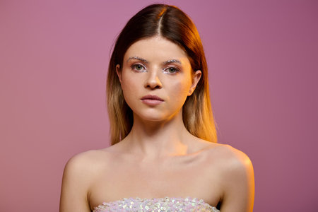 Attractive model poses in a studio with sparkling makeup, highlighting beauty and fashion trends.の写真素材
