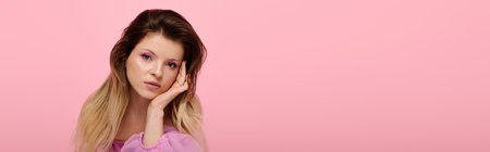 A young woman poses with trendy pink makeup and a sheer blouse against a pink backdrop, bannerの写真素材
