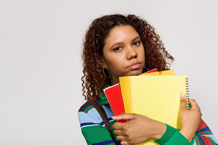 A young woman with beautiful curly hair poses while embracing vibrant notebooks, exuding confidence.の写真素材