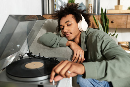 Handsome young man relaxes at home while playing vinyl records on a turntable.の写真素材
