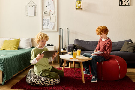 Two boys are engaged in fun activities at home, sharing laughter and creativity.の写真素材