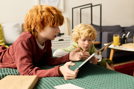 Two boys relax on a cozy bed, focused on their tablet while enjoying each others company.の写真素材