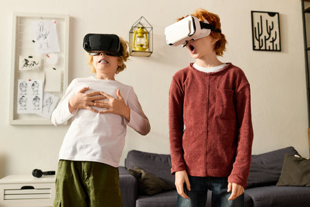 Two boys enjoy virtual reality together in their stylish living space.の写真素材