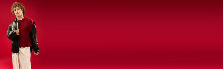 A confident young man shows off his style against a bold red background.の写真素材