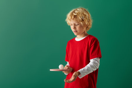 A carefree boy with wavy blonde hair holds a ping pong ball in a studio against a green background.の写真素材