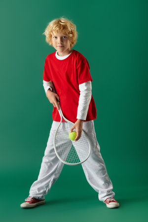 A cheerful blonde boy stands confidently in red casual clothes, ready to play tennis.の写真素材