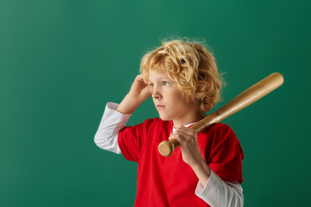 A carefree blonde boy dressed in red holds a baseball bat, showing determination and joy.