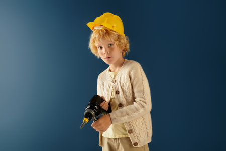 A joyful blonde boy wearing a yellow hard hat holds a toy drill in a studio with a blue background.の写真素材