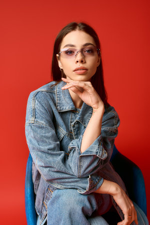 Young woman in denim jacket and jeans poses elegantly in a studio with red background.