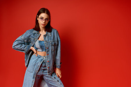 A young woman poses with confidence in a denim outfit, radiating style in a studio setting.の写真素材