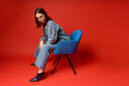 A young woman in a denim jacket and jeans strikes a chic pose in a studio with a vibrant backdrop.の写真素材