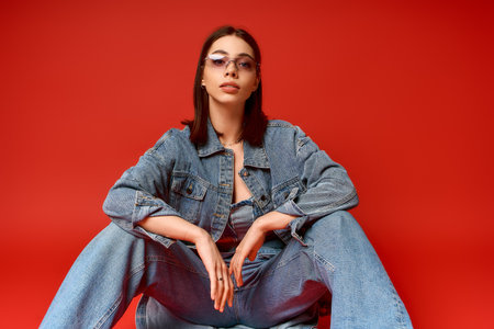A young woman in a trendy denim jacket and blue jeans sits stylishly against a vibrant red backdrop.の写真素材