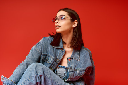 A confident young woman showcases her denim fashion in a studio setting with a bold red background.の写真素材