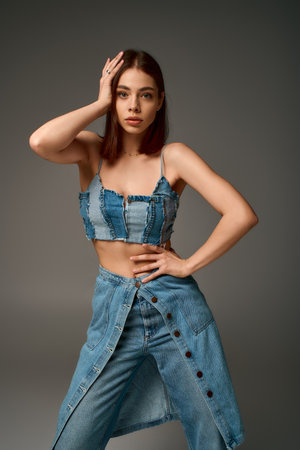 A young woman poses confidently in a denim outfit, embodying modern style in a studio.