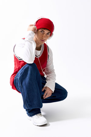 Teenager poses on a white background in trendy hip hop attire, embracing Gen Z style.の写真素材