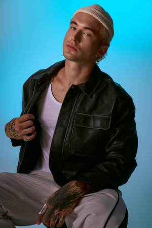 Handsome young man confidently poses in trendy attire with a vibrant background, exuding charisma.の写真素材