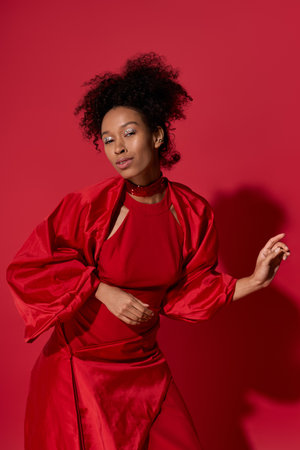 A young beautiful woman expresses joy and confidence with a playful pose in a striking red setting.