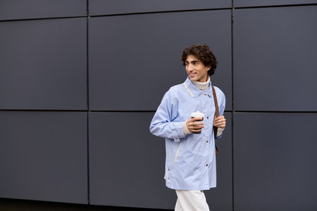 A young man with curly hair walks outdoors, savoring his coffee in an urban environment.の写真素材