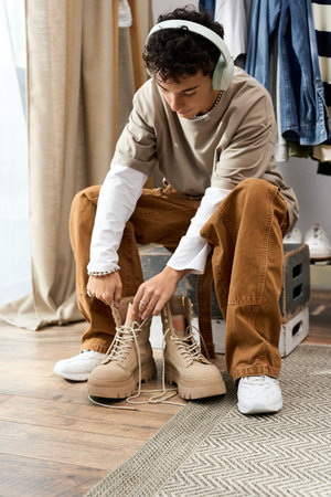 Teenager sits in a cozy room, tying his fashionable shoes while enjoying music through headphones.の写真素材