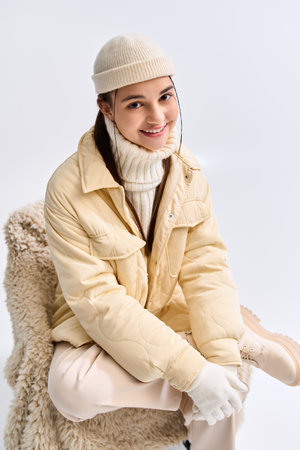 A cheerful teenage girl poses stylishly in a cozy  jacket, showcasing winter fashion trends.の写真素材