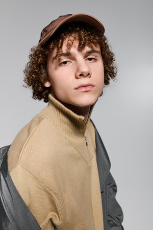 Teenager with curly hair dons a trendy outfit while striking a confident pose in a studio.