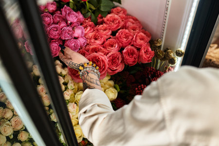 A dedicated florist arranges fresh flowers in her cozy flower shop, showcasing vibrant colors.