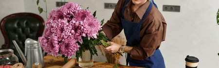 A skilled florist passionately creates floral arrangements in her shop, banner