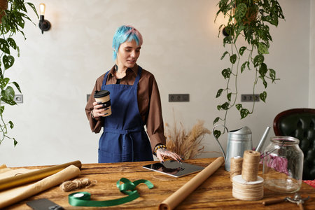 Young florist with dyed hair delights in crafting new flower arrangements while sipping coffee.