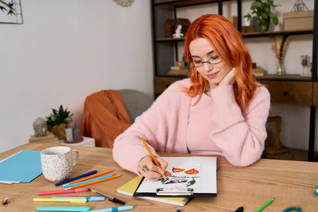 A young woman in cozy winter clothes sketches vibrant flowers while enjoying her homeâ€™s...