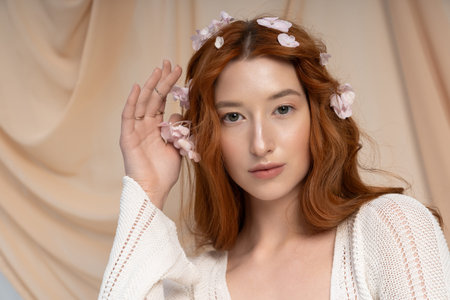 A beautiful redhead woman showcases spring fashion with flowers, radiating joy in a studio.