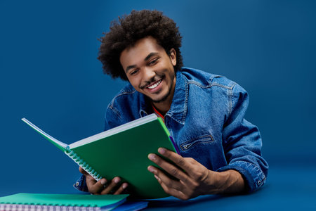 A cheerful young man in a denim jacket reads a book with a bright smile, surrounded by notebooks.
