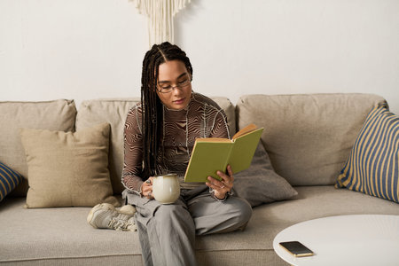 A young African American woman with braids sits comfortably, reading a book while sipping tea.