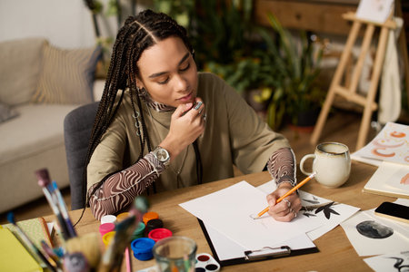 Young woman with braids deeply focused on sketching in a cozy modern apartment atmosphere.