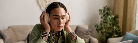 A young african american woman with braids relaxes in her chic apartment while immersed in sound, bannerの写真素材