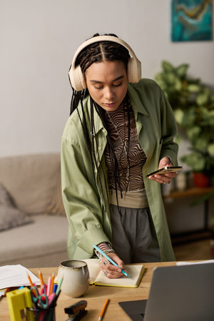 A vibrant young woman with braids engages in creative work, surrounded by her stylish apartment.