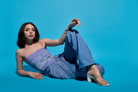 A stylish young woman relaxes, blending contemporary fashion with playful charm.