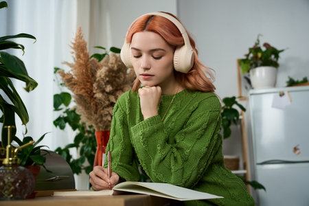 A young woman in a green sweater writes in a serene, plant filled indoor space.