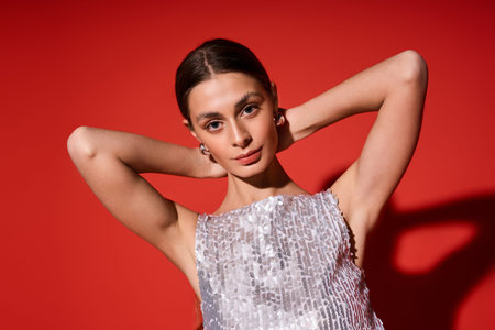 A beautiful young woman styles her hair, exuding confidence in a stunning, shimmering outfit.