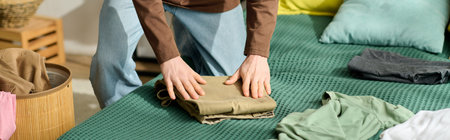 A young man neatly arranges his clothes on a soft bed in a warm and inviting room.の写真素材
