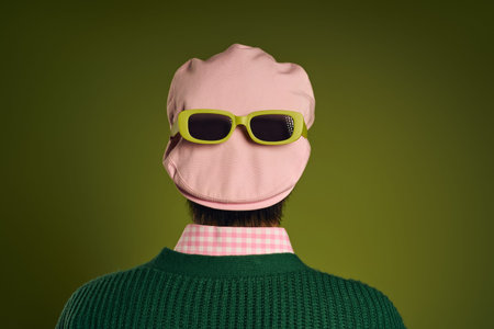 A fashionable man is striking a pose in a vibrant green studio, showcasing his sunglasses while...