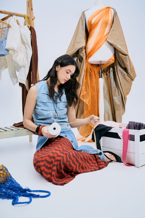 A talented fashion designer immersed in her work, crafting a new stylish collection in her studio.